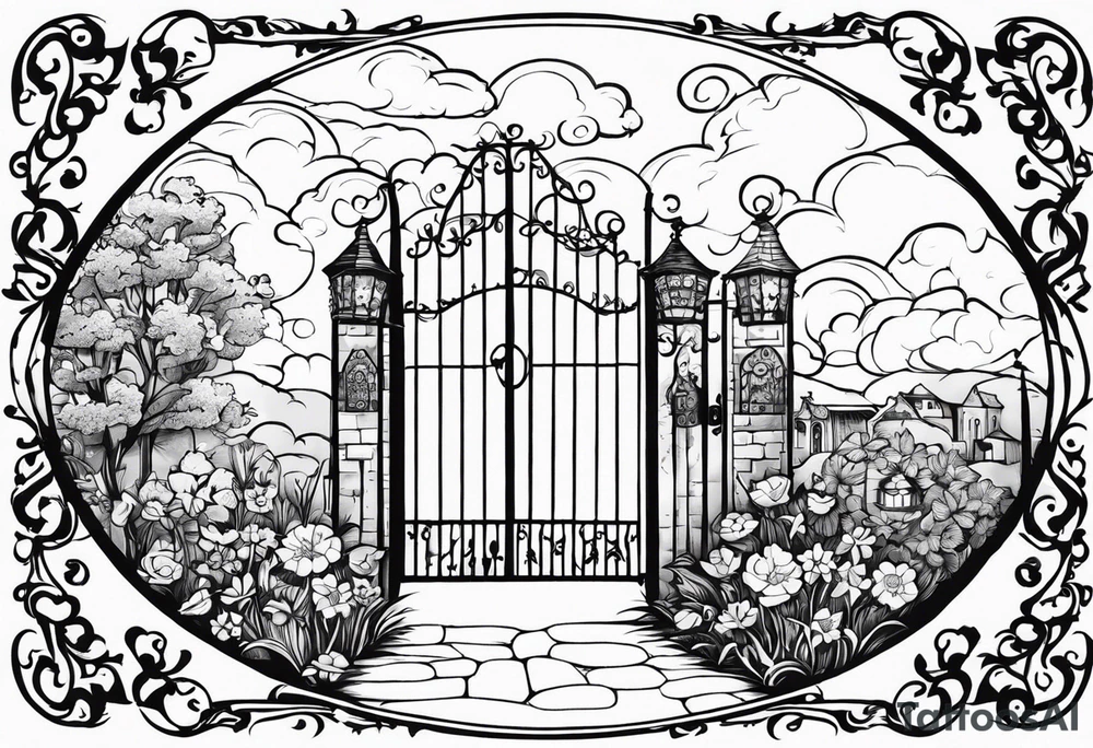 medieval town garden gate entrance circle vignette surrounded clouds floral tattoo idea