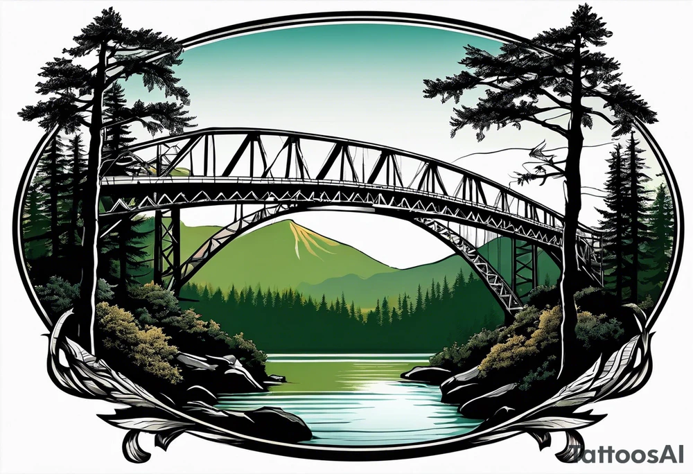 steel truss cantilever bridge over river, mountains, sky, trees, pacific northwest tattoo idea