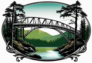 steel truss cantilever bridge over river, mountains, sky, trees, pacific northwest tattoo idea