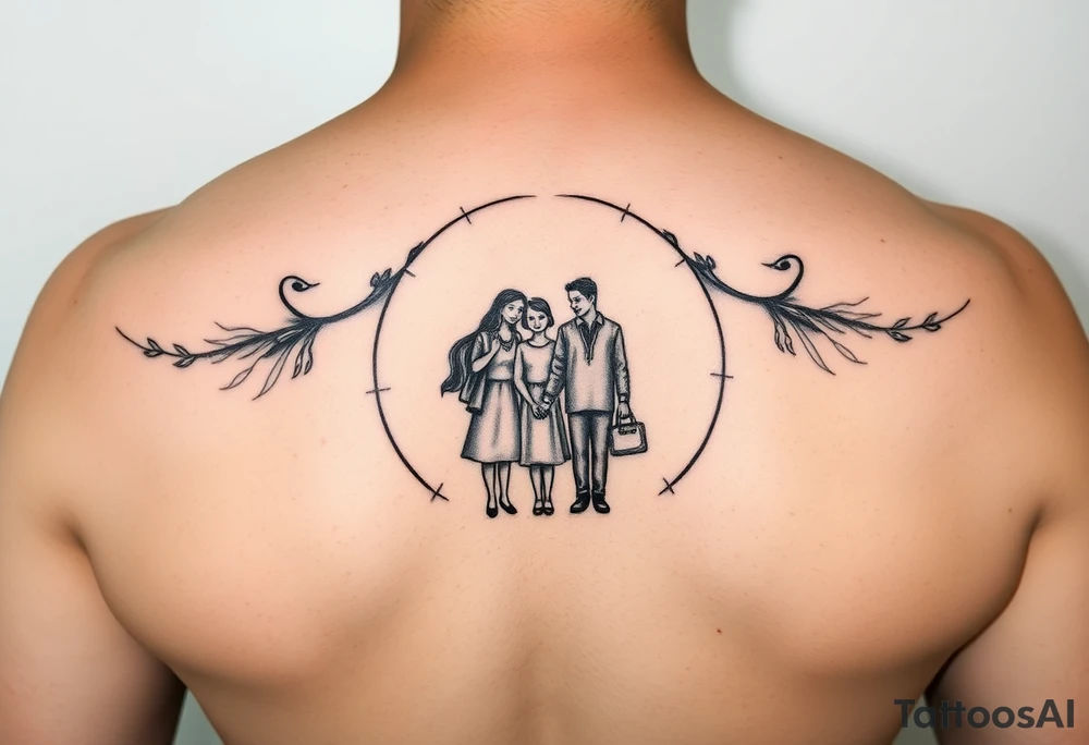 Stylised family symbolising two parents and two children touching their heads in a circle, closing off the rest of the world. tattoo idea
