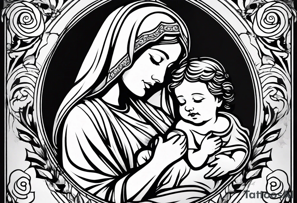 Mary holding baby Jesus in her arms crying tattoo idea