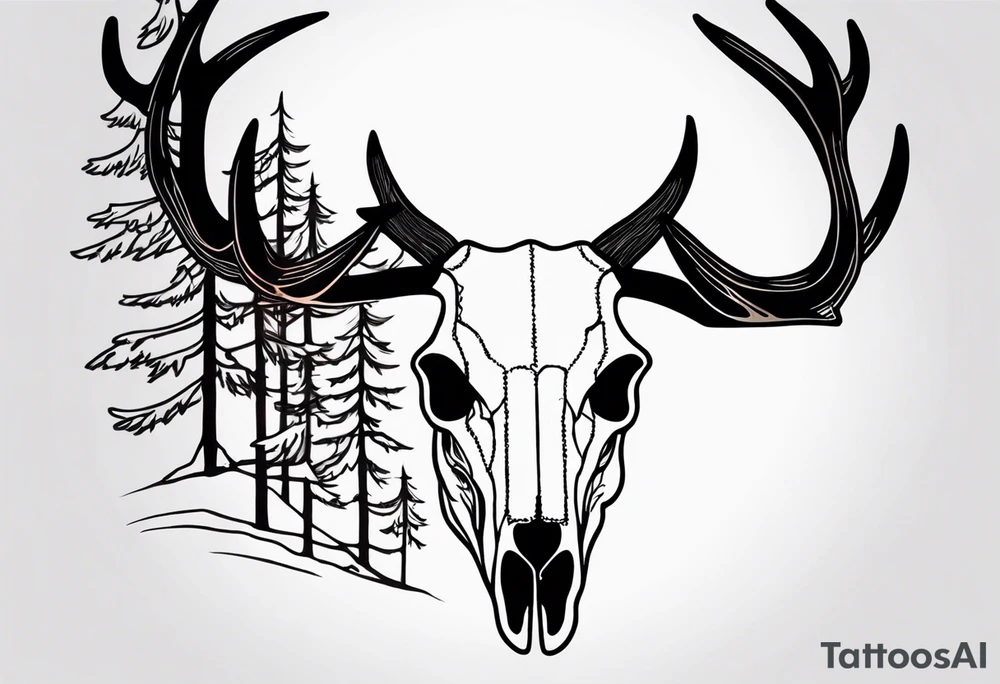 A side view of decayed deer skull surrounded by trees and fire tattoo idea