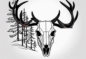 A side view of decayed deer skull surrounded by trees and fire tattoo idea