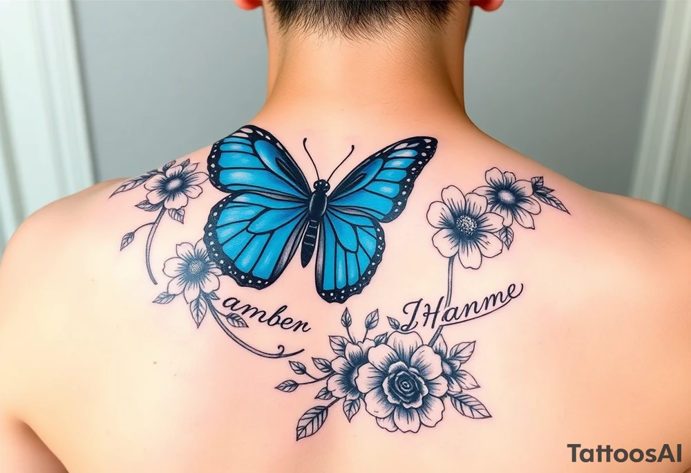Sleeve/ floral with vines roses and daises large bright blue monarch in center of forearm with floral extending from wrist to mid bicep children’s names written with vines “ amber, Zachary, Justin, Harper, Vivian “ ARM SLEEVE tattoo idea