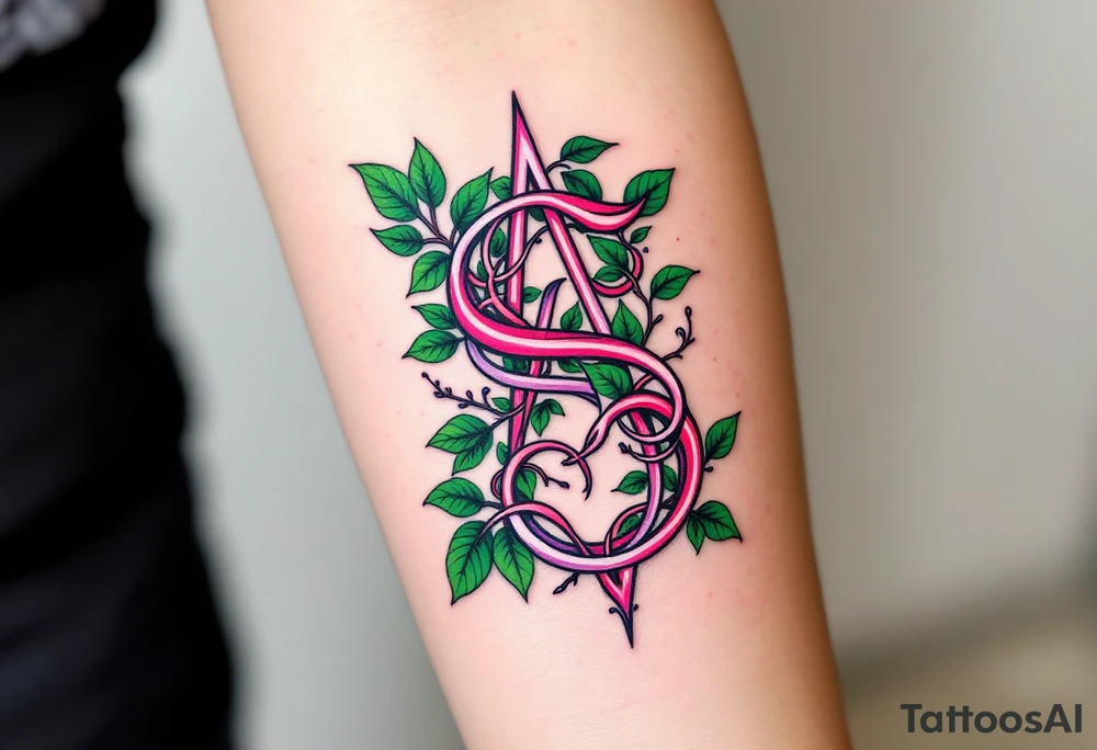 A pinky "S" entwined with green ivy leaves, symbolizing growth and elegance. tattoo idea