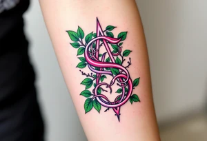 A pinky "S" entwined with green ivy leaves, symbolizing growth and elegance. tattoo idea