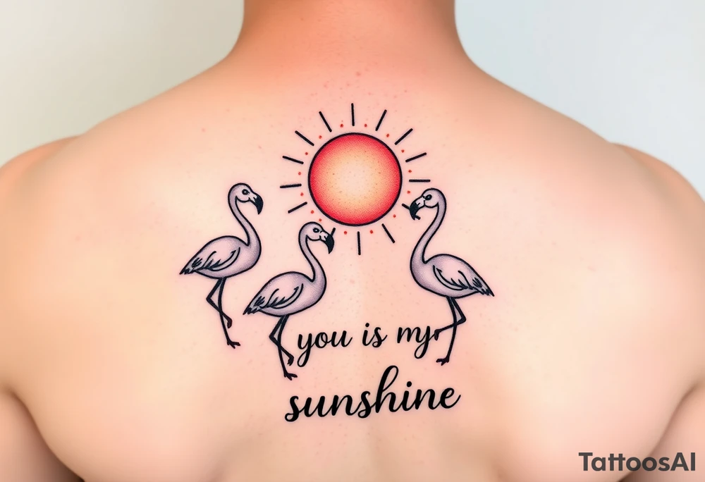 Multiple cute cartoonish Flamingos with a sun and the saying you are my sunshine with colors tattoo idea