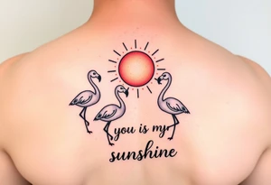 Multiple cute cartoonish Flamingos with a sun and the saying you are my sunshine with colors tattoo idea