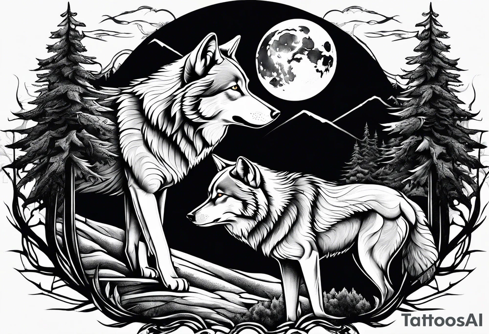 Mountain peaks
Two wolves
Moon
Dark woods
Trail tattoo idea Mountain peaks
Two wolves
Moon
Dark woods
Trail tattoo idea