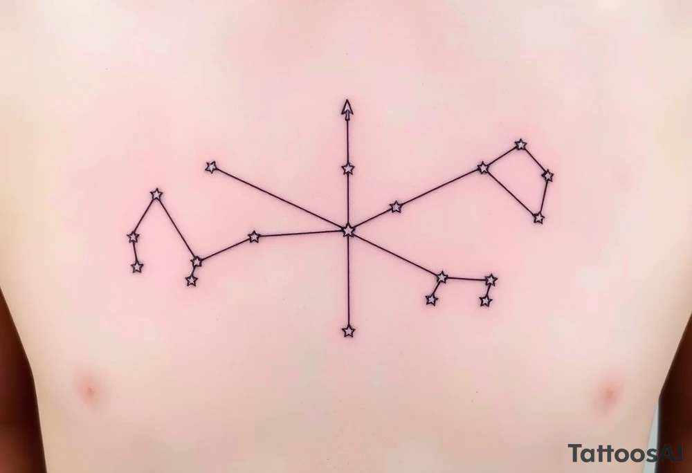 The tattoo idea is a personalized family constellation where each star represents a family member, showing how everyone is connected even across different branches. At the center, you (Sagittarius, Kaus Australis) and your older brother (Aries, Hamal) stand as the link between both sides. On the left, your dad (Capricorn, Deneb Algedi) and your half-brother on his side (Scorpio, Antares) form a shape like an arrow pointing toward the center, symbolizing strength and direction. On the right, your mom (Libra, Zubenelgenubi), your half-brother (Gemini, Castor), and your half-sister (Cancer, Tarf) create a balance-like shape representing harmony and protection. Thin lines connect the stars to form a single constellation, with you and your older brother as the central stars joining both worlds. The design could include just the stars, their names, zodiac symbols, or coordinates in a fine-line, black-ink style, expressing balance, connection, and the eternal bond uniting every member of your family. tattoo idea