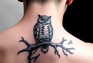 wise owl perched on ancient oak branch under starlit sky tattoo idea
