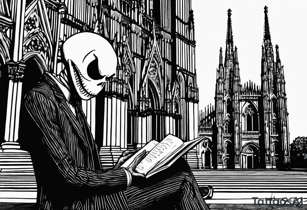 jack skellington leaning against milan cathedral as he reads the date June 07, 2023 tattoo idea