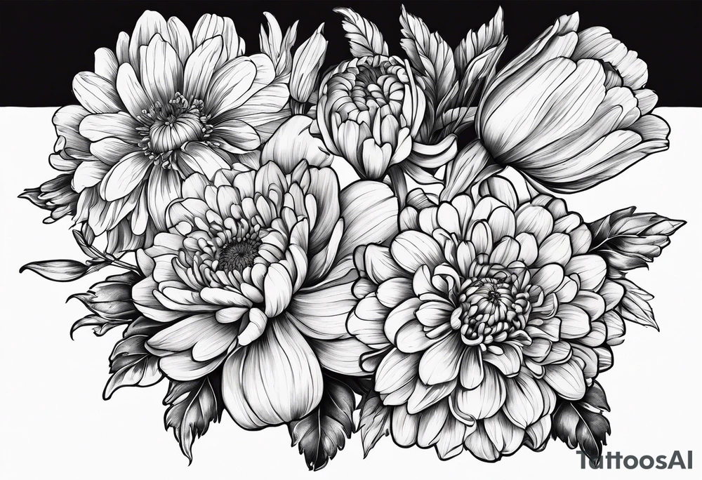 Flowers: marigold, chrysanthemum, narcissus tattoo idea