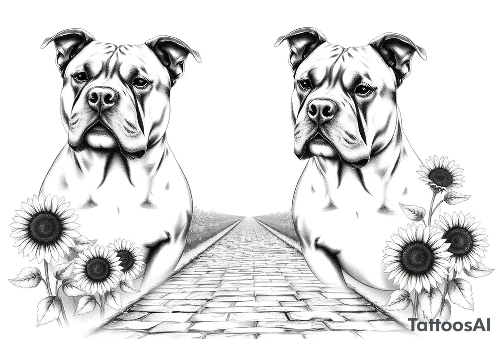 Very thick muscled up pitbull portraits fading into the background as filler incorporate sunflowers, an old road made from pavers tattoo idea