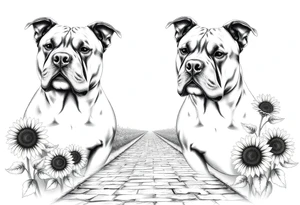 Very thick muscled up pitbull portraits fading into the background as filler incorporate sunflowers, an old road made from pavers tattoo idea