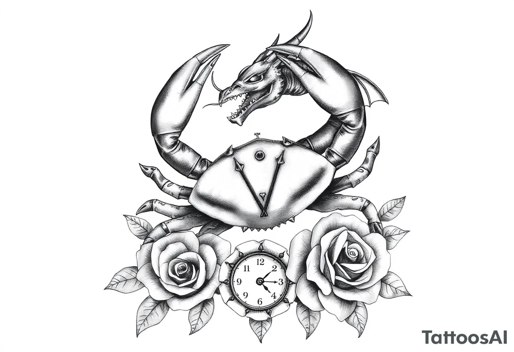 Dark cancer zodiac sign tattoo with dragon, clock and roses on background tattoo idea