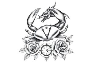 Dark cancer zodiac sign tattoo with dragon, clock and roses on background tattoo idea