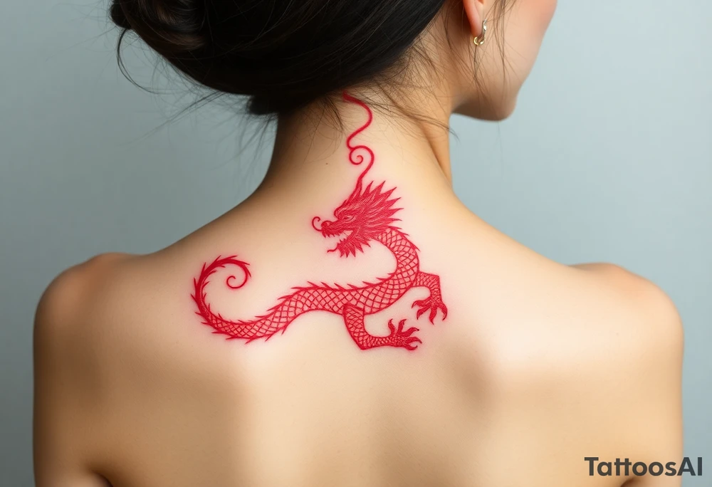 Red chinese dragon along spine tattoo idea