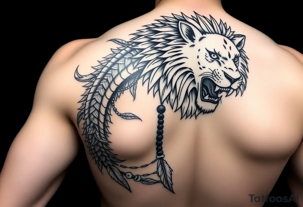 Tribal lion right shoulder to wrap into a sleeve til middle bicep and then a dragon for 2000 Chinese culture to go from side boob to butt maybe middle butt then dream catchers from the end of the dragon to the mid thigh. This needs to be punk girl pin up style female tattoo. Body sleeve. Make it look like the baddest bitch Alive. tattoo idea