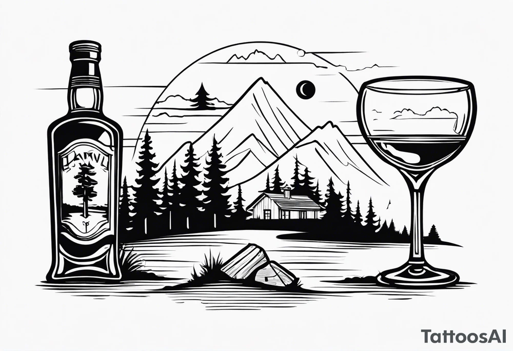 cross with whiskey glass, golf club, camp fire and cabin in the quandrants tattoo idea