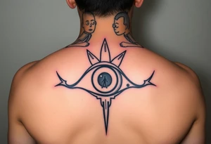 Boondocks Riley Freeman and Huey Freeman on top. in the middle itachi sharingan with one eye having Rick and Morty walking out of it, tattoo idea