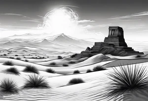 Sand blowing in the wind in the desert with tomb in background tattoo idea