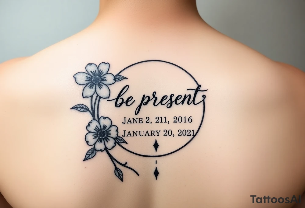 Enso ring with flowers and a stem with writing in cursive that says be present. Incorporate the dates June 2, 2013, March 2, 2016, and January 20, 2021. Also include three stars.


Make the Enso ring prominent tattoo idea