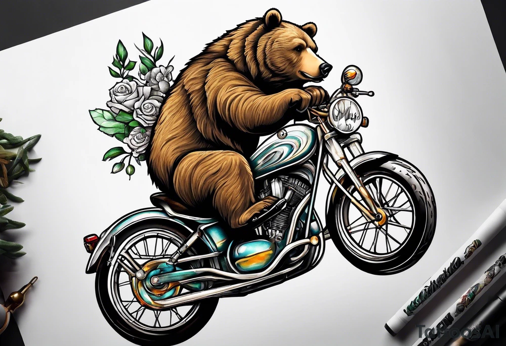 bear riding a bike and playing a guitar tattoo idea