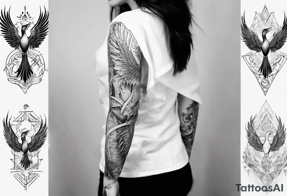 Sleeve tattoo on a woman's arm. Phoenix tattoo idea