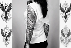 Sleeve tattoo on a woman's arm. Phoenix tattoo idea