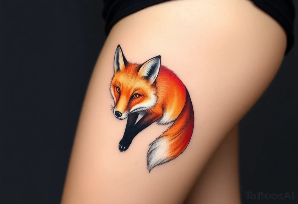 A gracefully detailed fox tattoo, with a rich, fiery orange coat transitioning into deep copper and golden highlights. The fox’s chest and tail tip are a soft, snowy white, blending seamlessly into the fur’s natural texture. Its piercing amber eyes. tattoo idea