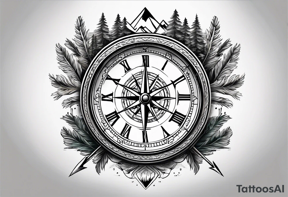 half compass half clock with arrow in the middle with mountain, trees and river tattoo idea