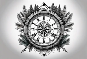 half compass half clock with arrow in the middle with mountain, trees and river tattoo idea