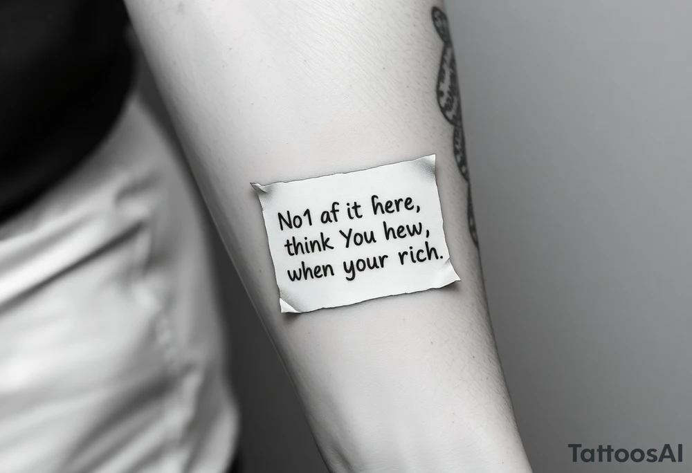 a piece of paper saying no1 is here now think abt it when your rich tattoo idea