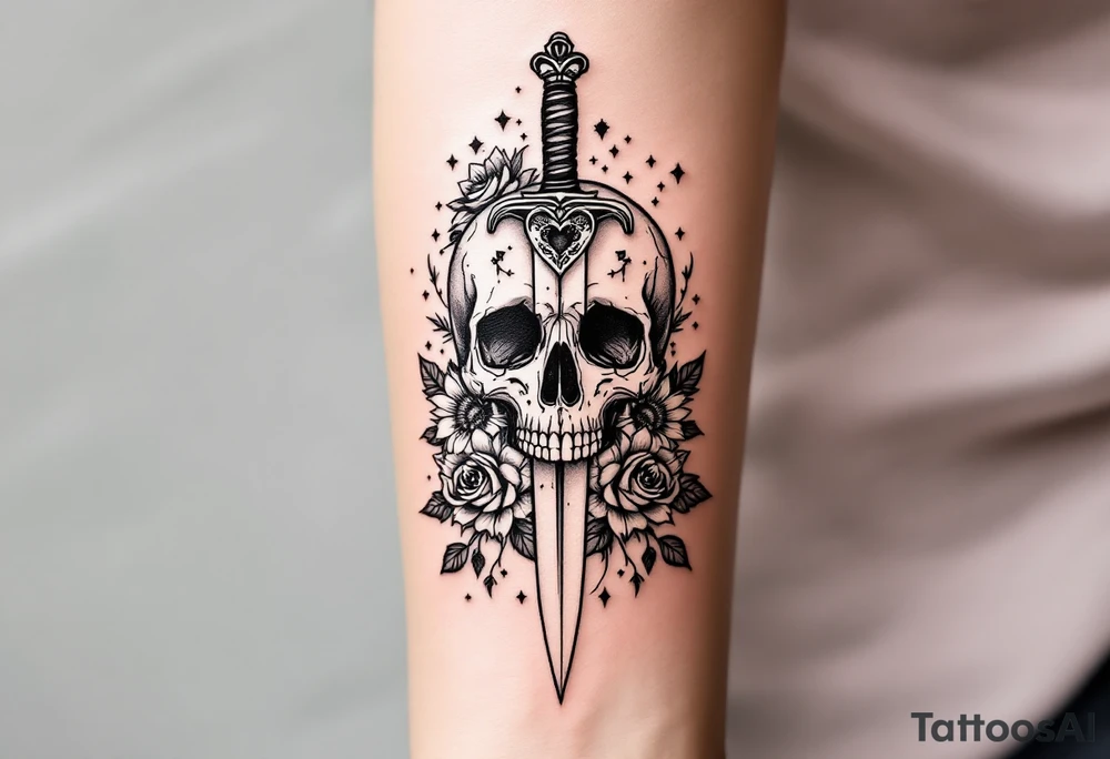 Skull, heart and dagger with roses and sunflowers tattoo idea
