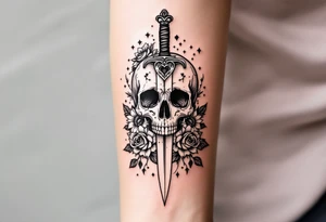 Skull, heart and dagger with roses and sunflowers tattoo idea