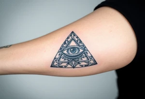 Half sleeve tattoo of the eye of providence inside of a pyramid. tattoo idea