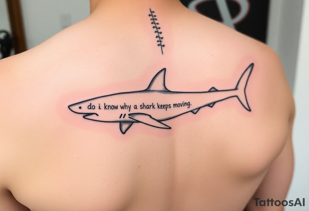 Whale shark on back by spine with the words “do you know why a shark keeps moving”wrapped around the shark tattoo idea