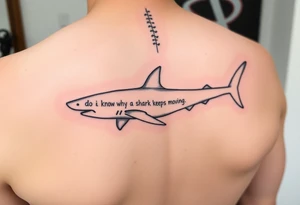 Whale shark on back by spine with the words “do you know why a shark keeps moving”wrapped around the shark tattoo idea