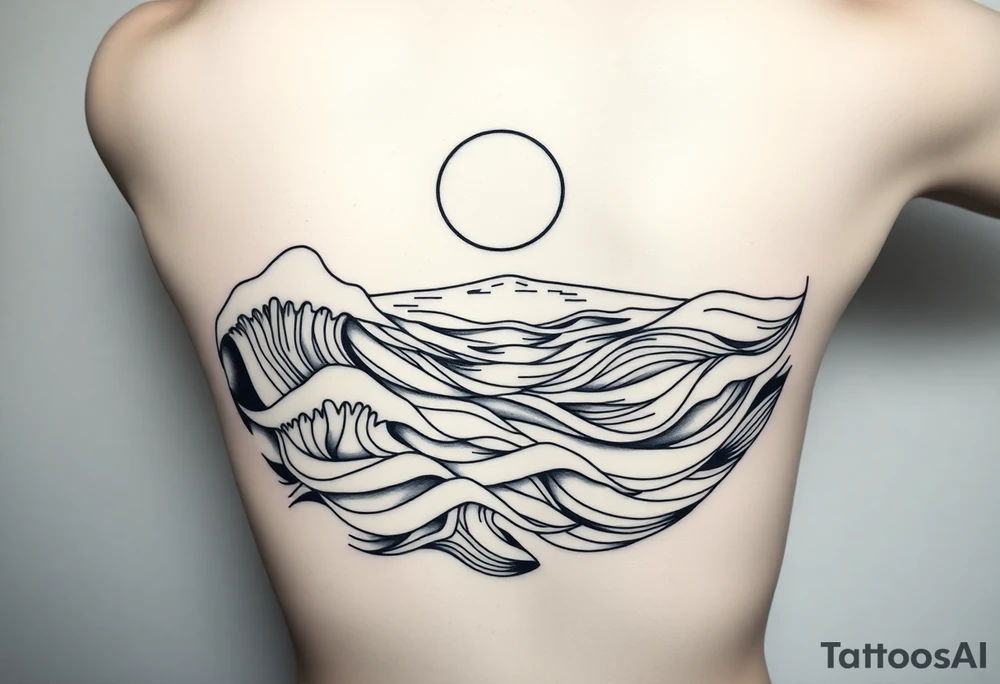 Wrap-around tattoo design, black and white line art. Stylized calm sea with flowing waves wrapping around the arm, horizon line extending seamlessly. Above the horizon, a glowing sun or moon integrated into the circular flow, with subtle Norse runes (Algiz, Raido) hidden in the light. Balanced, elegant, marine and mythological atmosphere. Clean outlines, high contrast, stencil-ready for forearm tattoo. tattoo idea