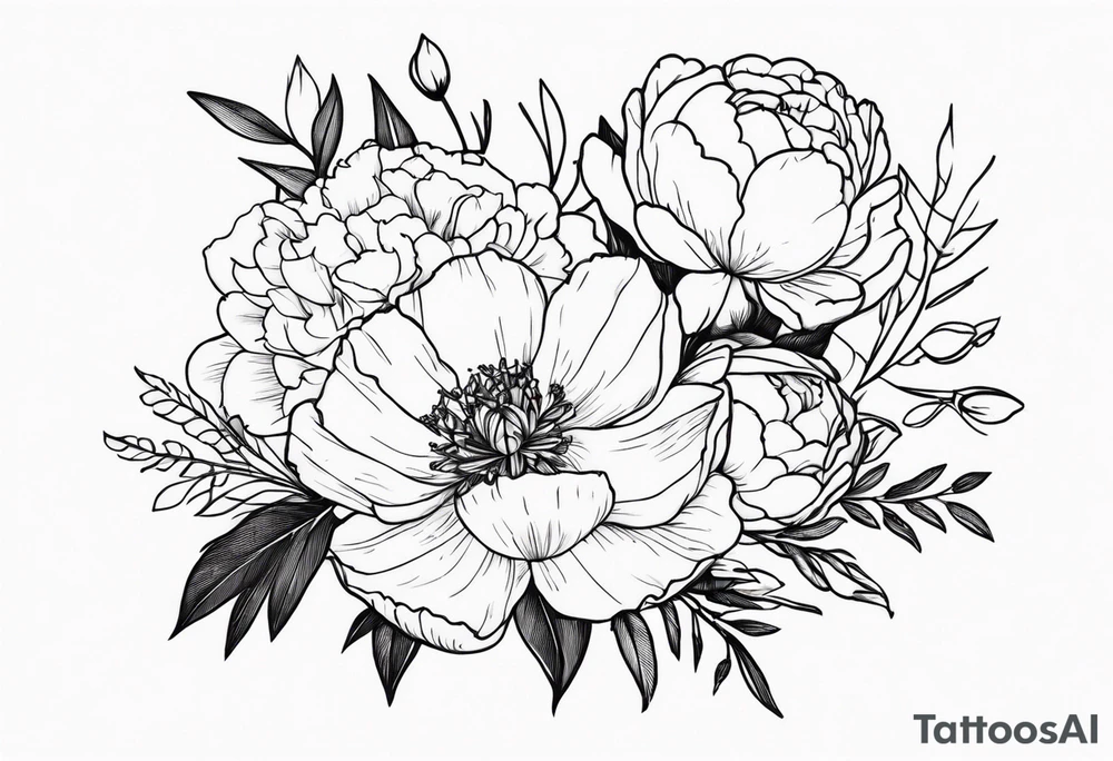 flower bouquet with a peony, larkspur, rose, and daffodil tattoo idea