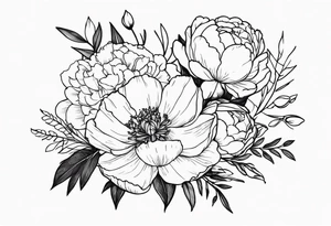 flower bouquet with a peony, larkspur, rose, and daffodil tattoo idea