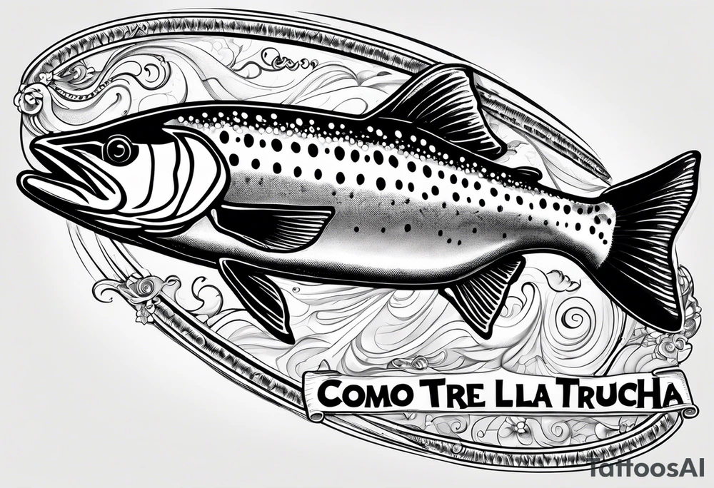 A shaded trout with text that says, 'Como la trucha...' tattoo idea