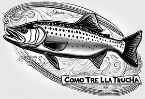 A shaded trout with text that says, 'Como la trucha...' tattoo idea