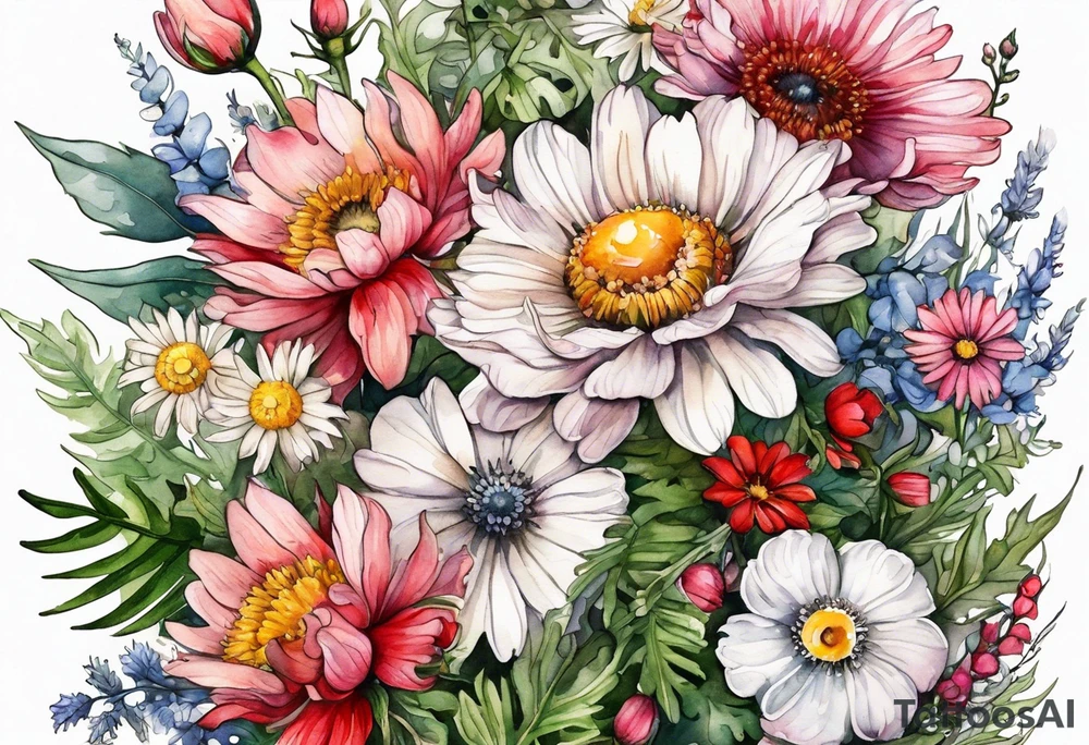 wildflowers cascading with thistles, ferns, white anemones, sun flowers, buttercups, pink flowers, red flowers, babys breath and daisies all in watercolor tattoo idea