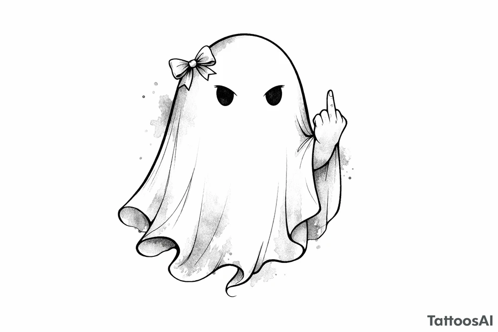 Ghost outline with a tiny, detailed bow and a defiant middle finger, watercolor style. tattoo idea