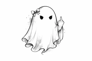 Ghost outline with a tiny, detailed bow and a defiant middle finger, watercolor style. tattoo idea