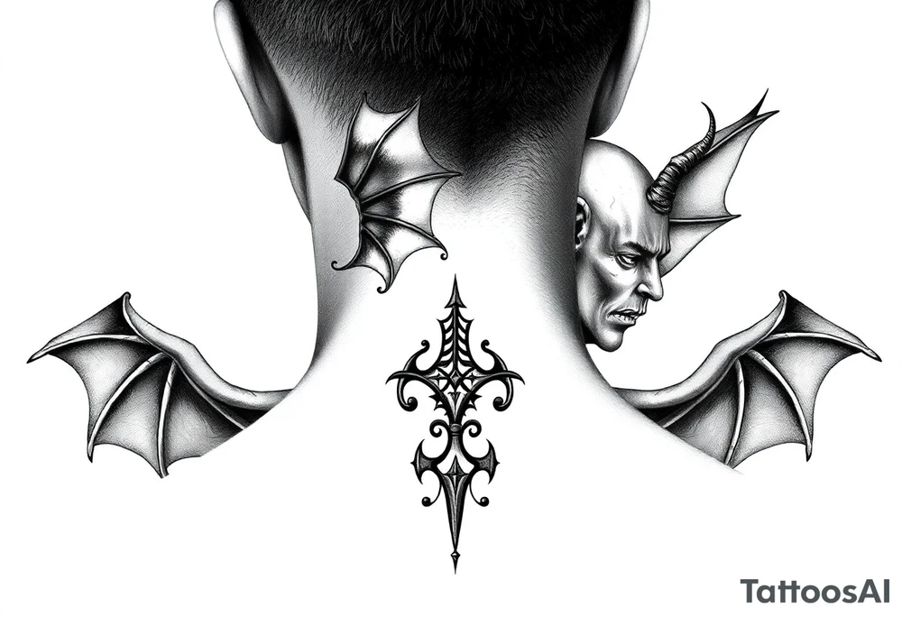 position behind the neck Angel (on the right) whispering in the right ear, demon (on the left) whispering in the left ear. It must be as realistic as possible. tattoo idea