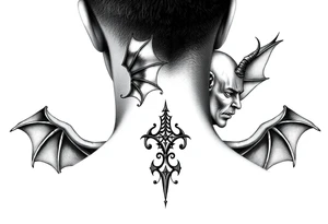 position behind the neck Angel (on the right) whispering in the right ear, demon (on the left) whispering in the left ear. It must be as realistic as possible. tattoo idea