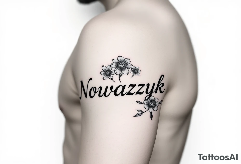 The word "Nowaczyk" with three flowers on the lower tricep, medium size tattoo idea